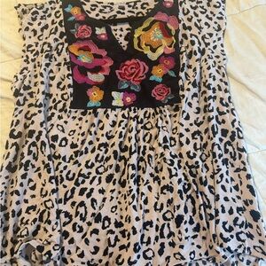 Savanna Jane Black & Cream Leopard Tunic with Multicolor Floral Embroidery